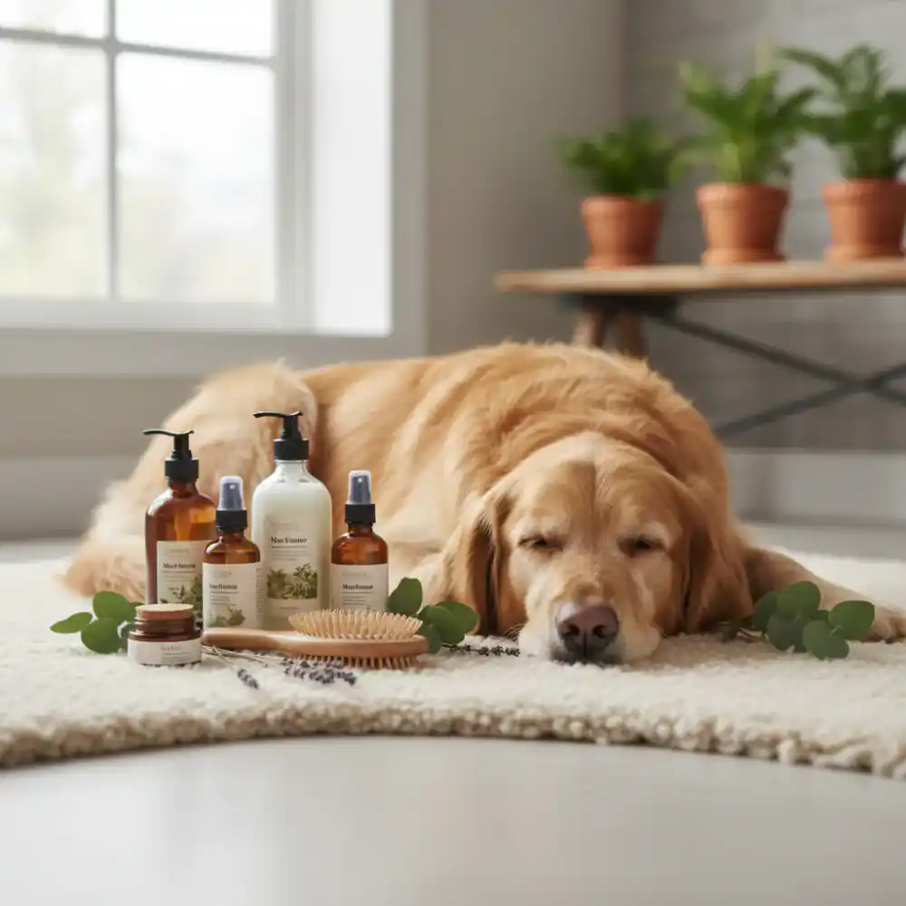 Ein friedlicher Hund neben natürlichen Pflegeprodukten