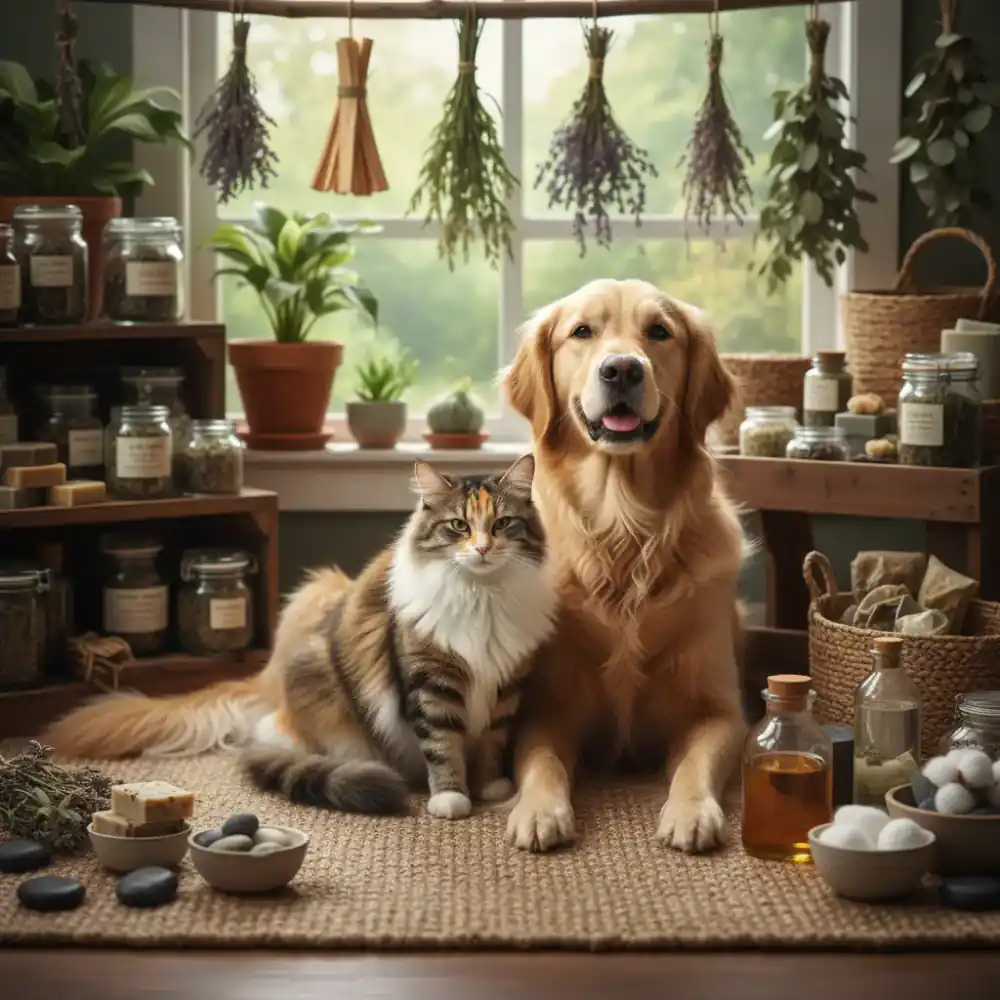 Glücklicher Hund und Katze neben ökologischen Naturwaren