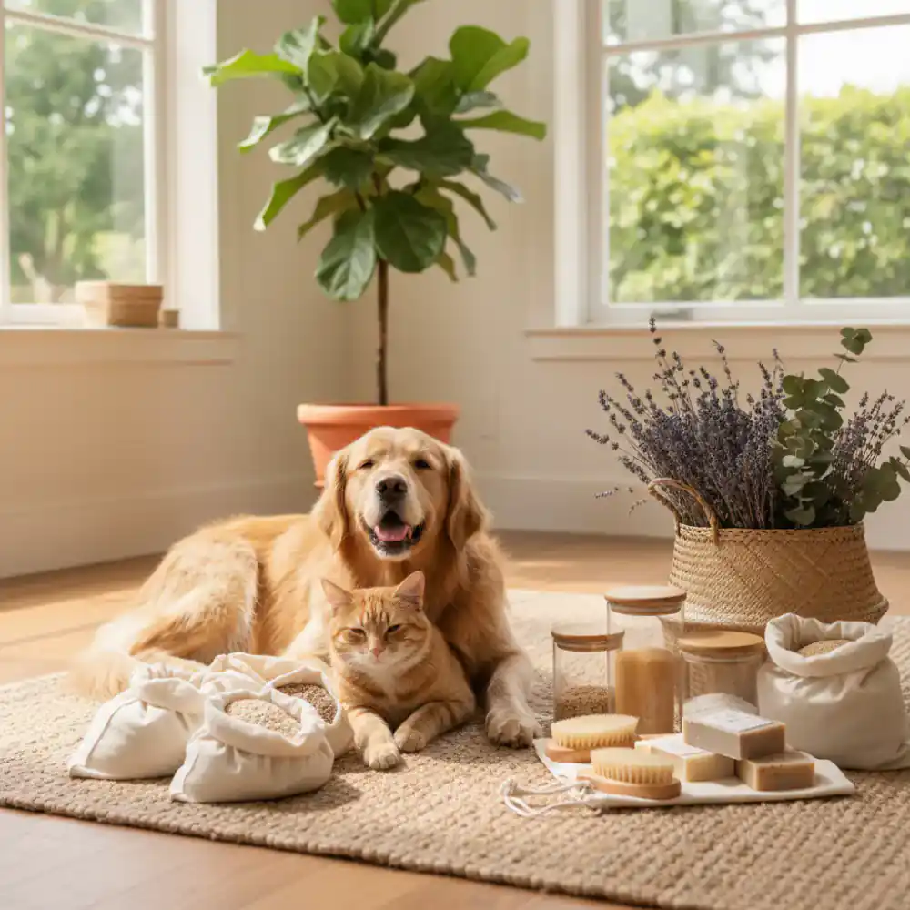 Ein glücklicher Hund und eine Katze entspannen neben natürlichen Öko-Produkten