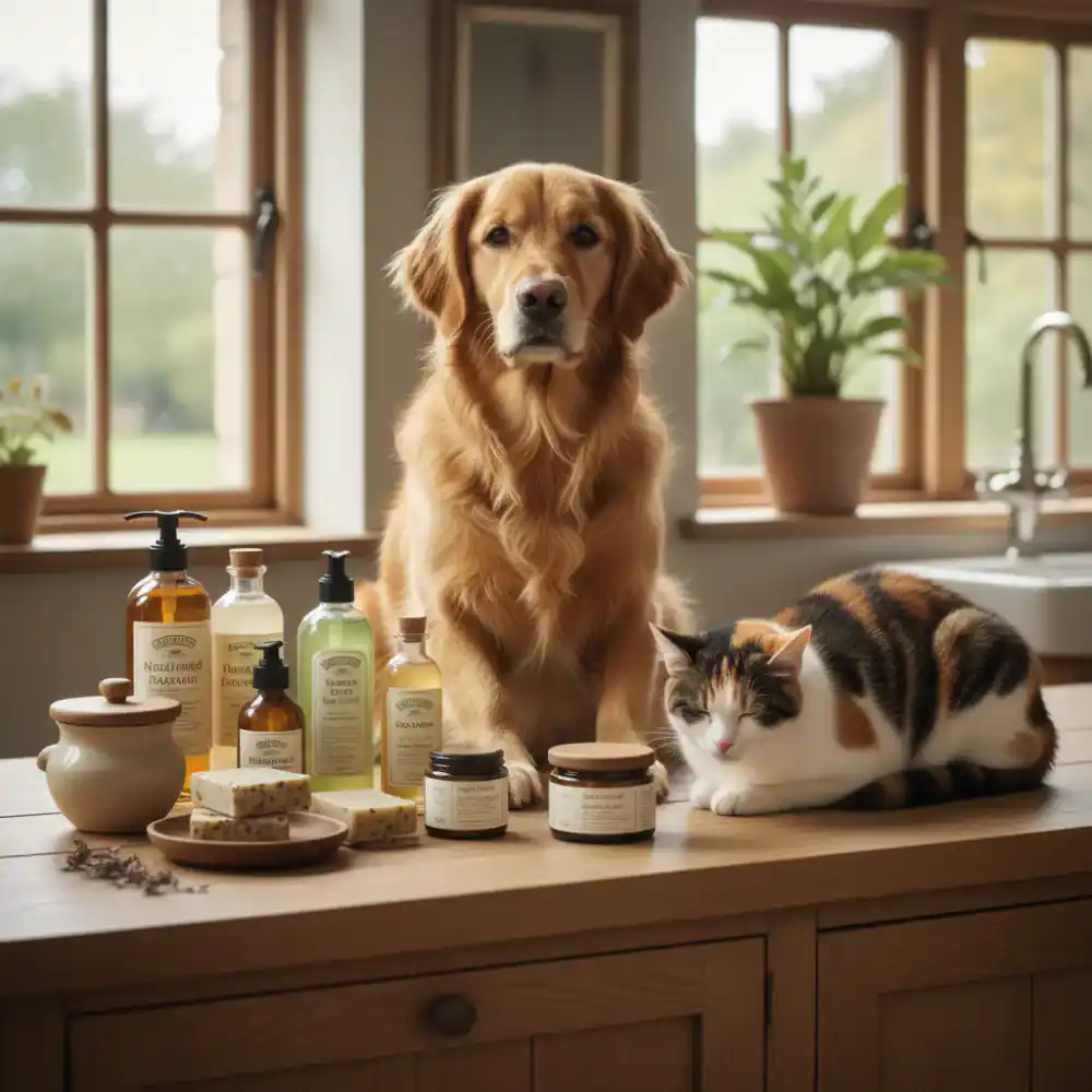 Hund und Katze neben natürlichen Pflegeprodukten